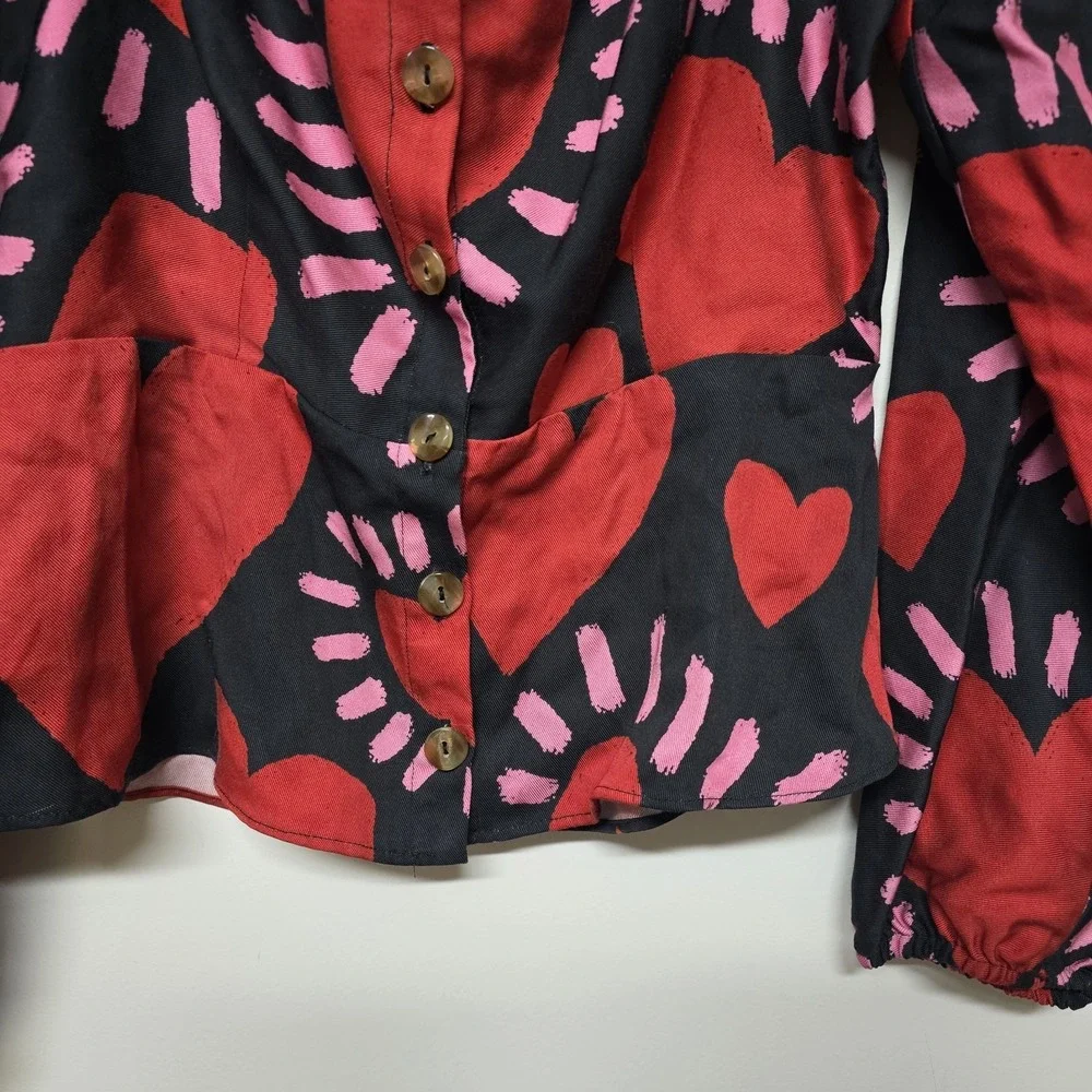Farm Rio Long Sleeve Hearts Blouse Buttons Red Cropped Square‎ Neck Sz M NWT